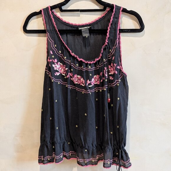 Vivienne Tam Tops - Vivienne Tam black chiffon embroidered pink floral top - small